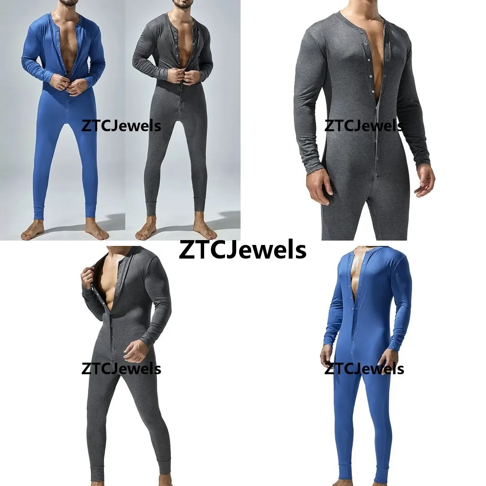 

Mens Cosplay Bodysuit Slim Fit Open Button Pajamas Solid Color Casual Jumpsuit Homewear Autumn Winter Sports Wear for Adults