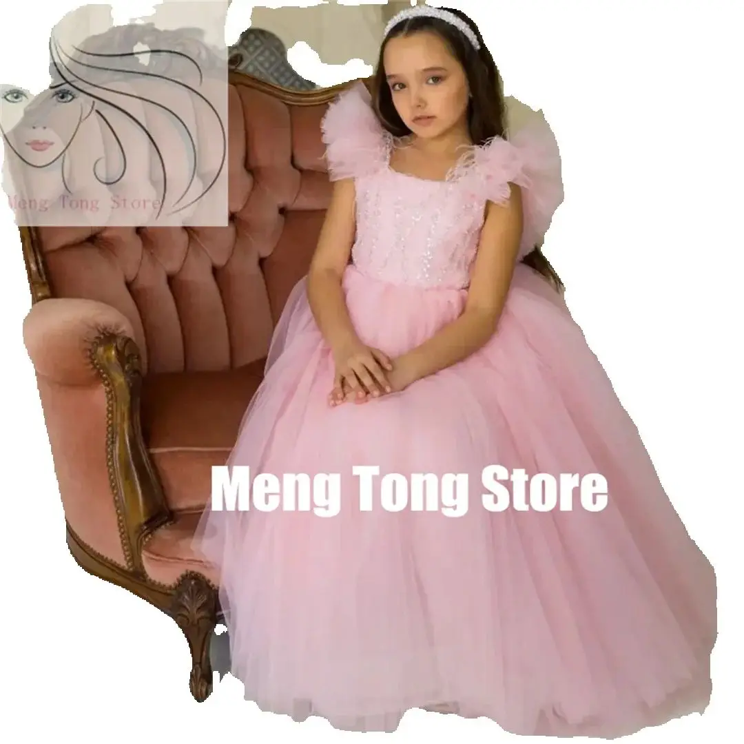 女の子のためのパーソナライズされたフラワードレス,ピンクのチュール,きらびやかなスパンコール,ノースリーブ,結婚式,誕生日パーティー,宴会,プリンセスドレス