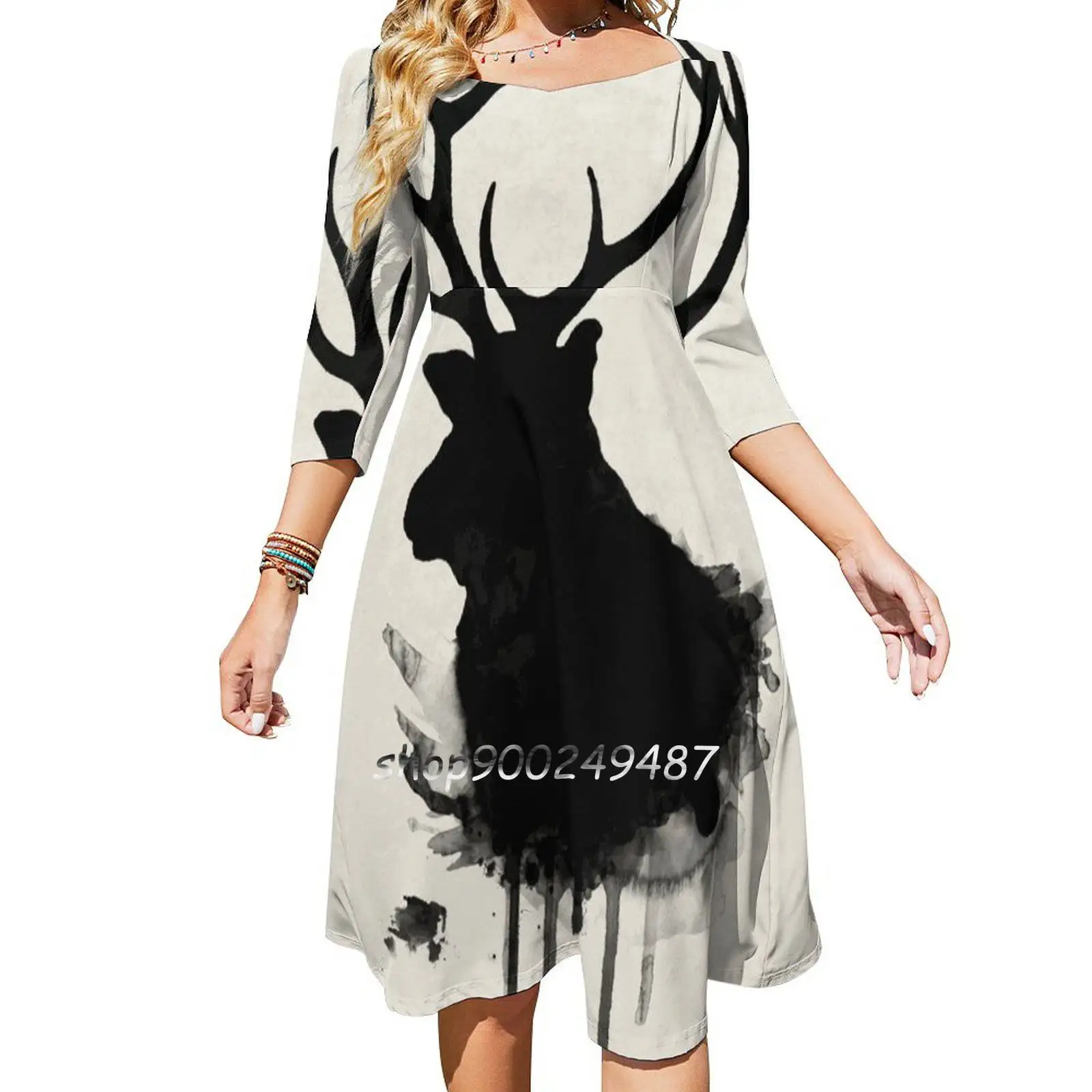 Elk Square Neck Dress Cute Loose Print Dresses Elegant Beach Party Dress Elk Buck Deer Hunt Hunter Hunting Wild Wildlife