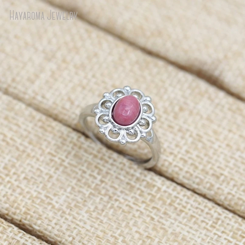 10Pcs Wholesale Semi-precious Stone Rhodonite Geometric Oval Silver Color Ring RM51220