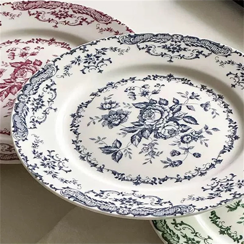 French Classical Rose Printed Ceramic Dining Plate 8in/10in Western Style Dim Sum Dessert Salad Afternoon Tea Household Plate