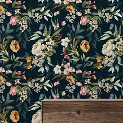 Watercolor Floral Wallpaper, flowers Peel and Stick Wall Mural,Green Leaves Branches On Black Background Wallpaper,Non-Woven