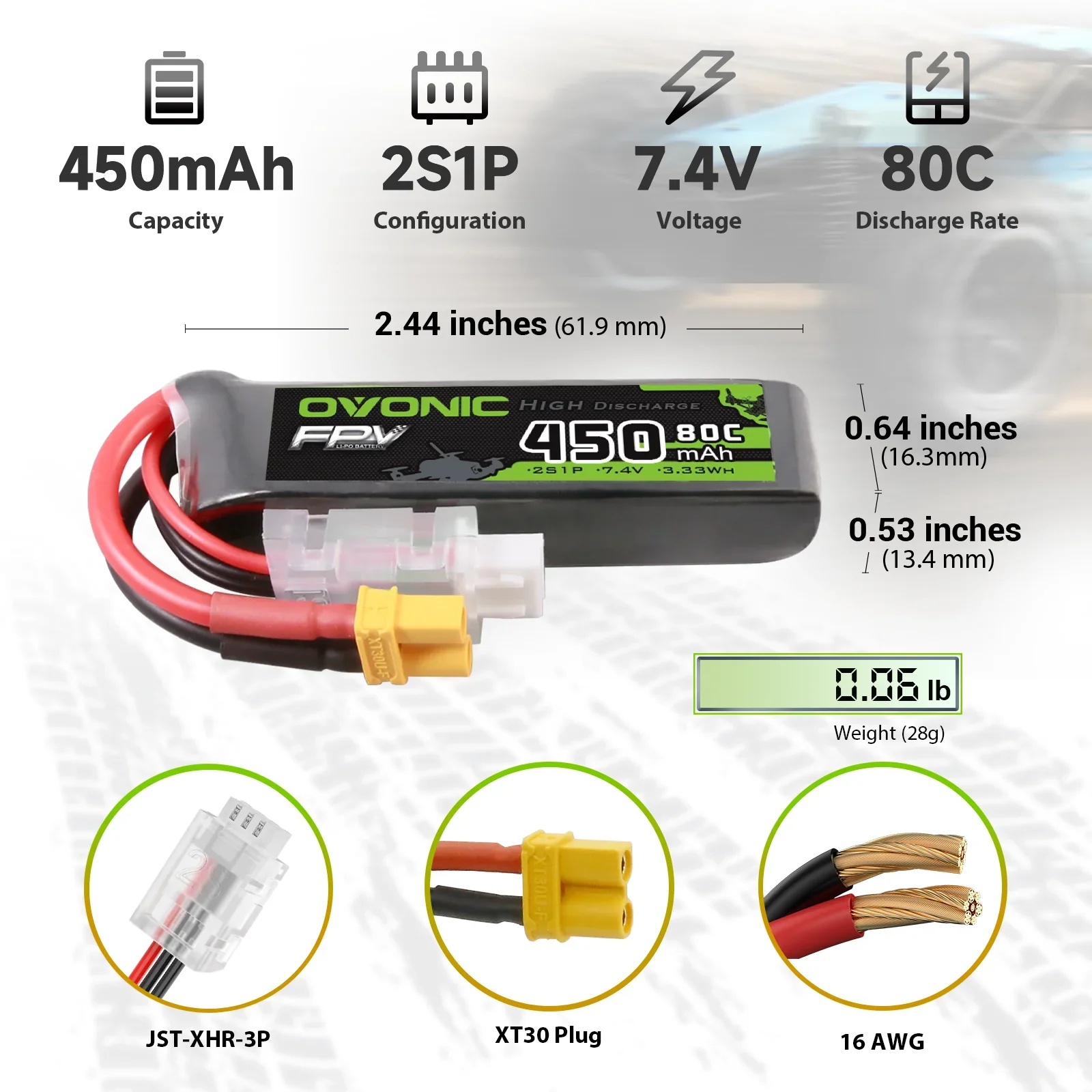 OVONIC 2S LiPo Battery 7.4V 450mAh 80C Long Type with XT30 Connector, RC Lithium Battery for Tiny Whoop, FPV Freestyle & Racing Quadcopter Drones