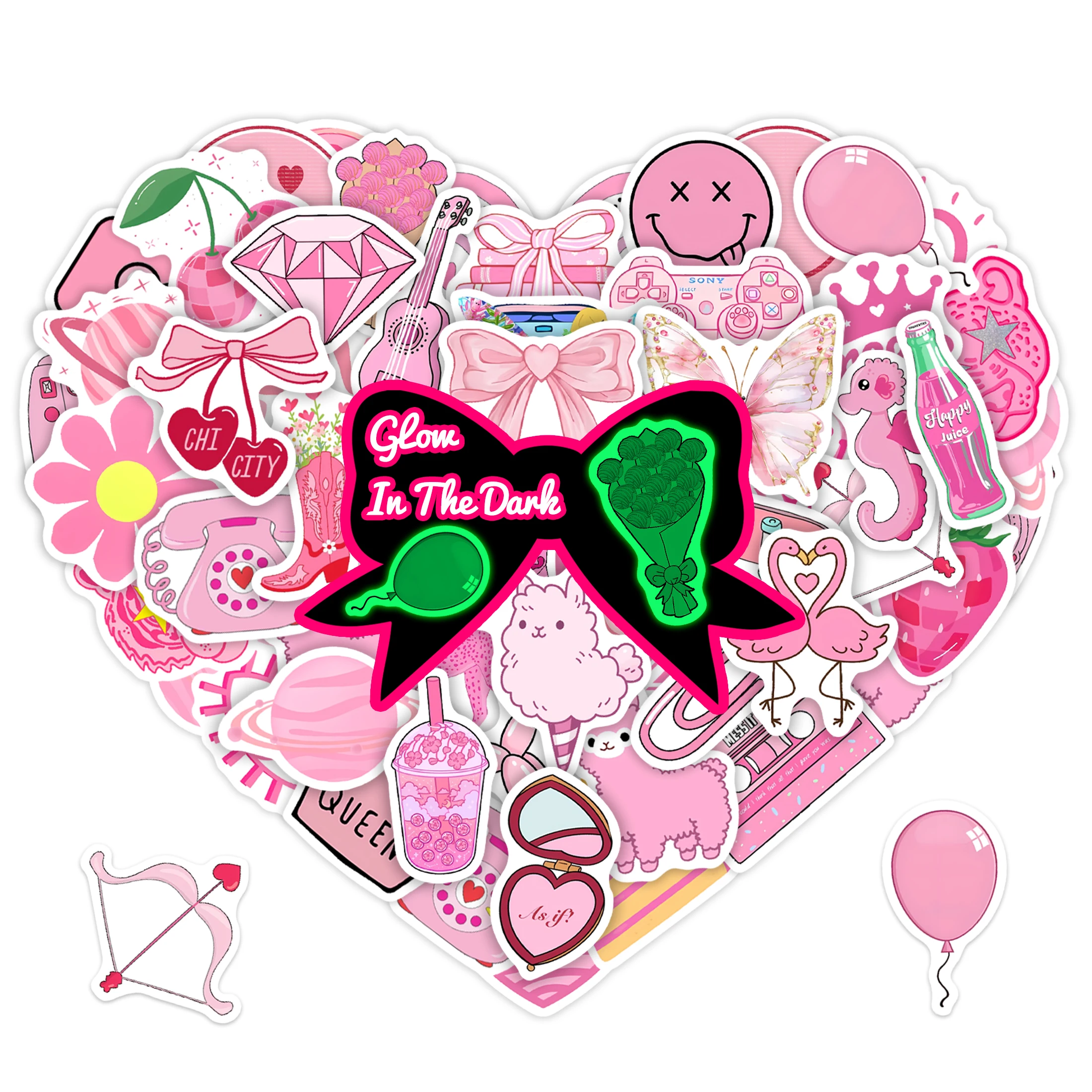 50Pcs Pink Pattern Glow in the Dark Stickers Waterproof Vinyl Stickers Phone Case Skateboard Decoration for Kids Teens DIY Gifts