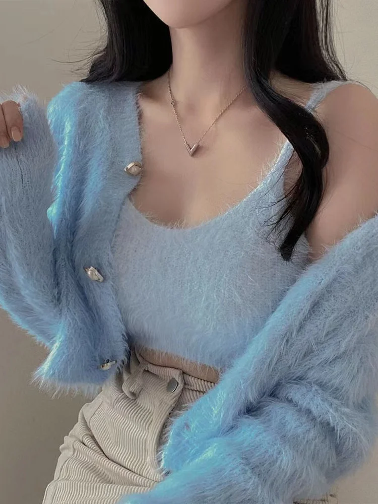 Chic Lazy Style Slimming Soft Plush Short Sweater Cute Fluffy Small Size Two-Piece Set Versatile Comfortable Knitted Sweater