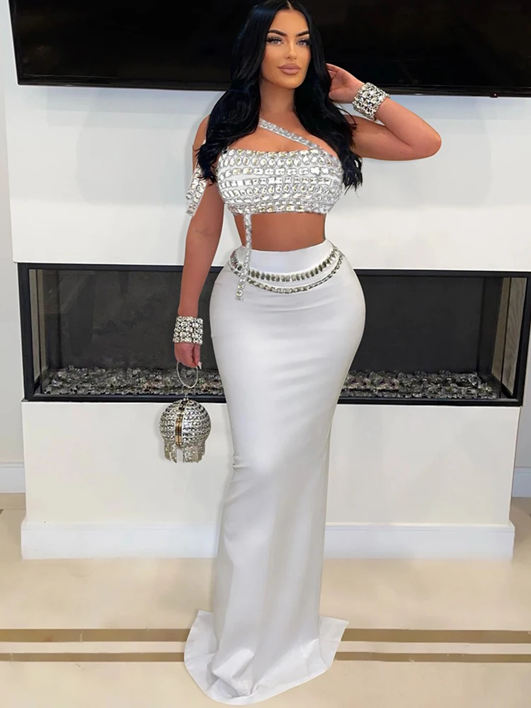 Summer Set Woman 2piece Matching Outfits Party Clubwear Sexy Strapless Crop Tops with Diamonds Evening Long Skirt Set