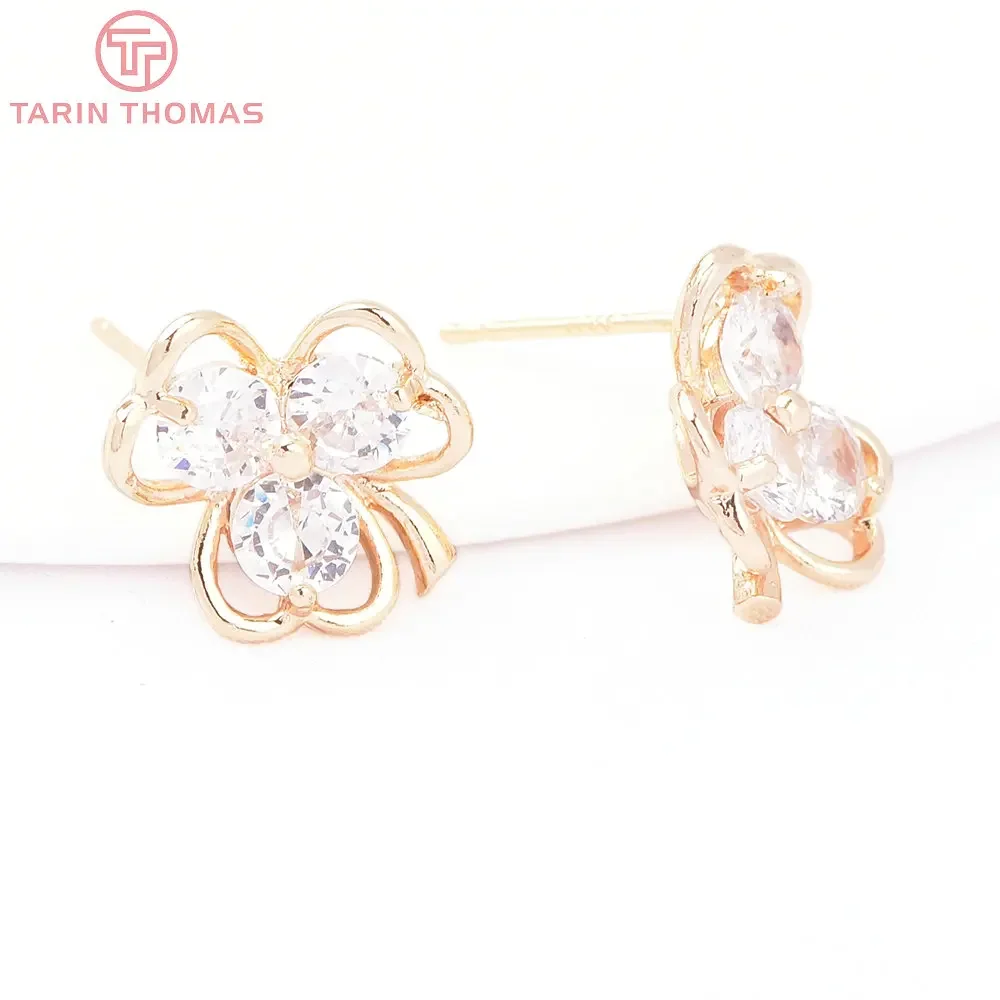 (8214) 4PCS 12x13.5MM 24K Gold Color Brass with Zircon Clover Shaped Stud Earrings High Quality DIY Jewelry Findings Accessories