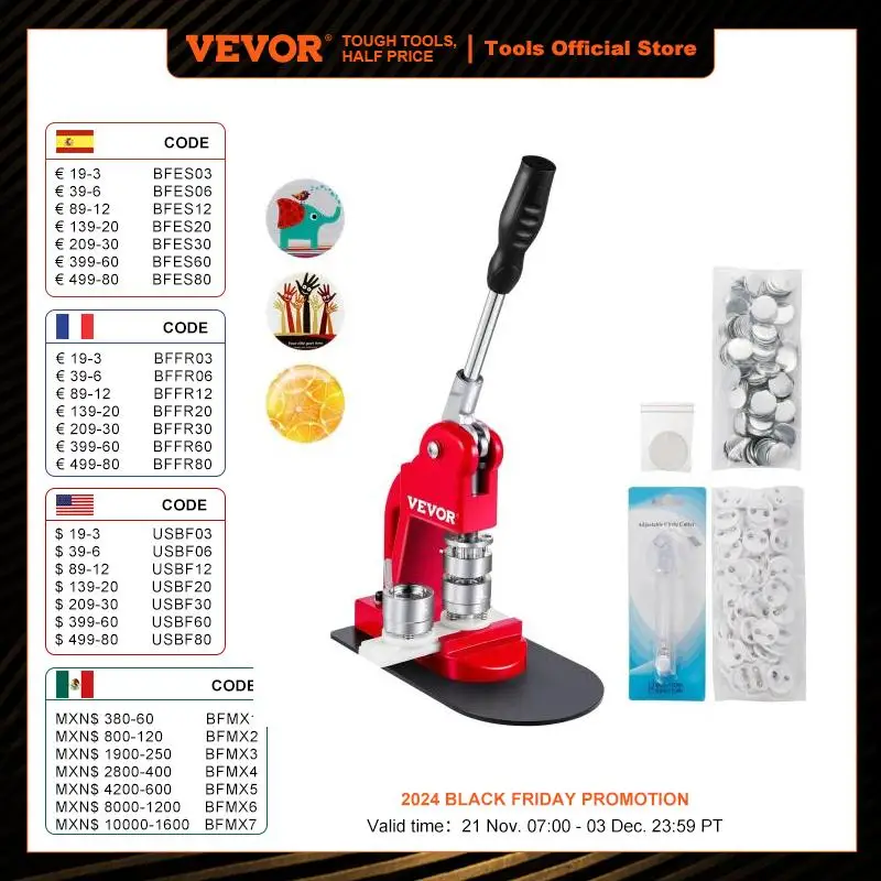 

VEVOR 25MM 58MM Badge Maker Machine DIY Button Pin Brooches Press Making Tool with 500Pcs Circle Manufacture Button Parts