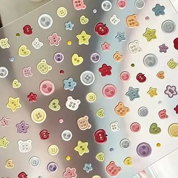 1Pc 5D Cute Button Nail Sticker Cartoon Buttons Star Heart Design Self Adhesive Decals for Women DIY Sliders Nail Decoration