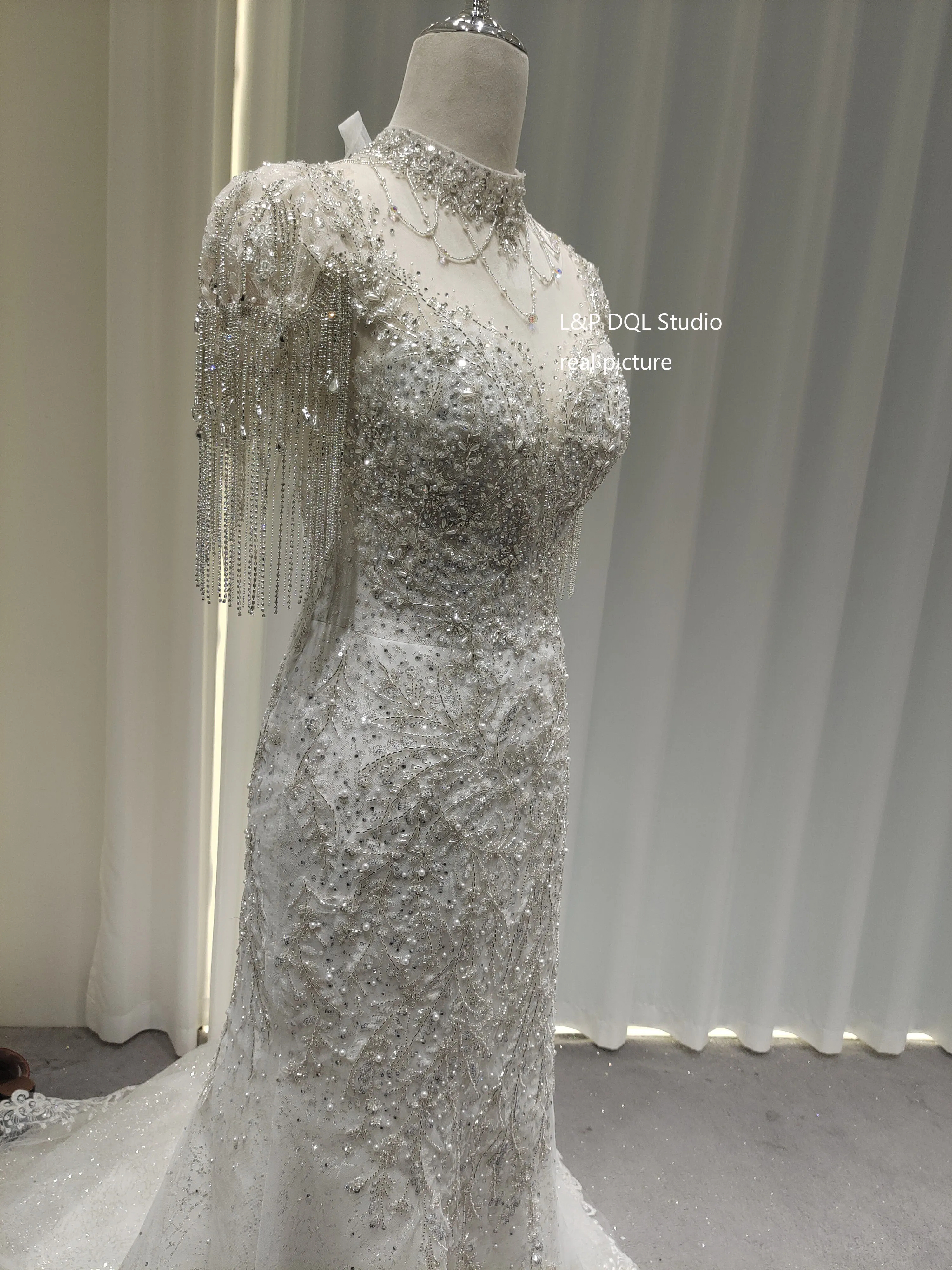 Luxury Mermaid Wedding Dress Real Pictures Shining Tulle Floral Applique Edge with Beads Sequins Bridal Gowns L&P DQL Studio