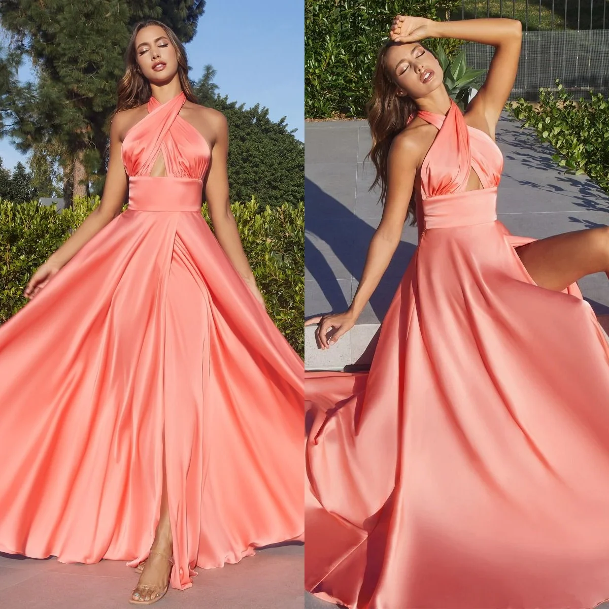 

Sexy 2024 Prom Dresses High Side Split Sleeveless Party Gowns For Women Satin A Line Evening Dress for Photo Shoot