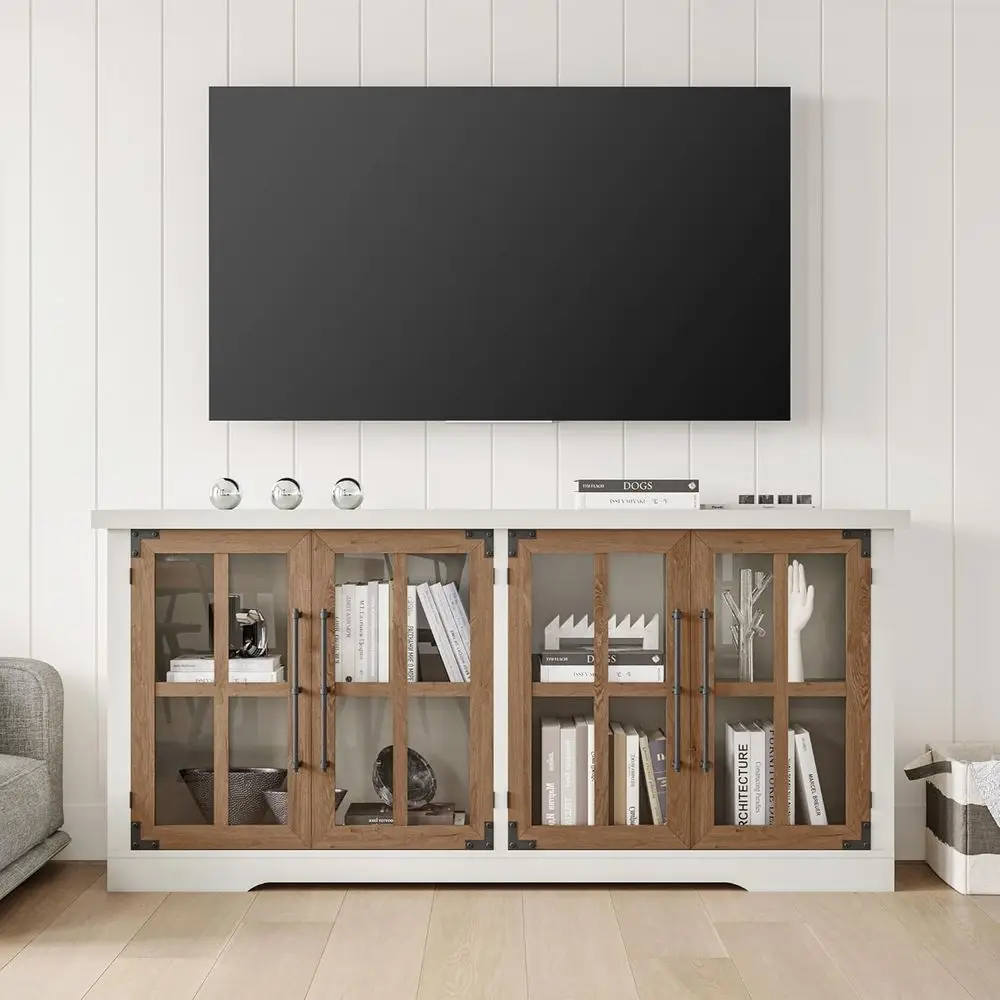 63 Buffet de ferme blanc avec porte vitrée et étagères réglables pour cuisine et salle à manger