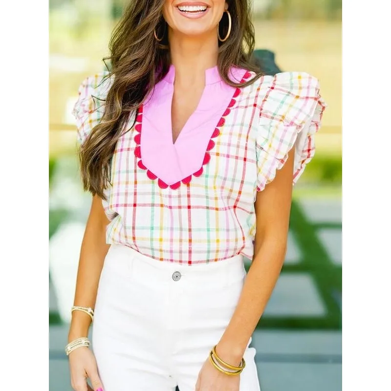 

Patchwork Shirt Women's Plaid Splicing Blouse Princess Sleeve Other Material 100% Spring 2026 Non-shrinking Unisex Other Style
