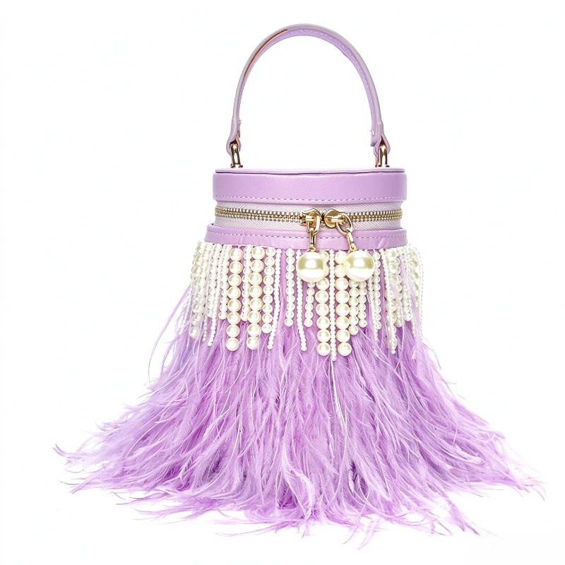 Luxury  Ostrich Feather Bucket Bag Pearl Beaded Tassel Mini Top Handle Handbag Women Evening Clutch Purse for Formal Party