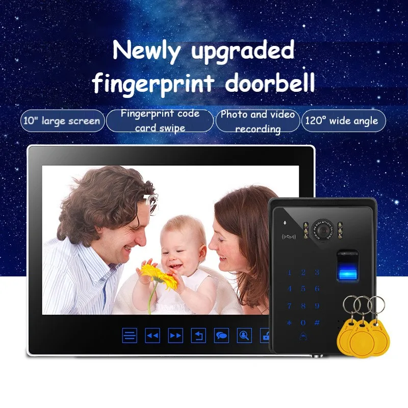 103DVR+813C Video Intercom Doorbell 10 Inch Household Wired HD Fingerprint Password Swipe Card Photo Video Access Control System