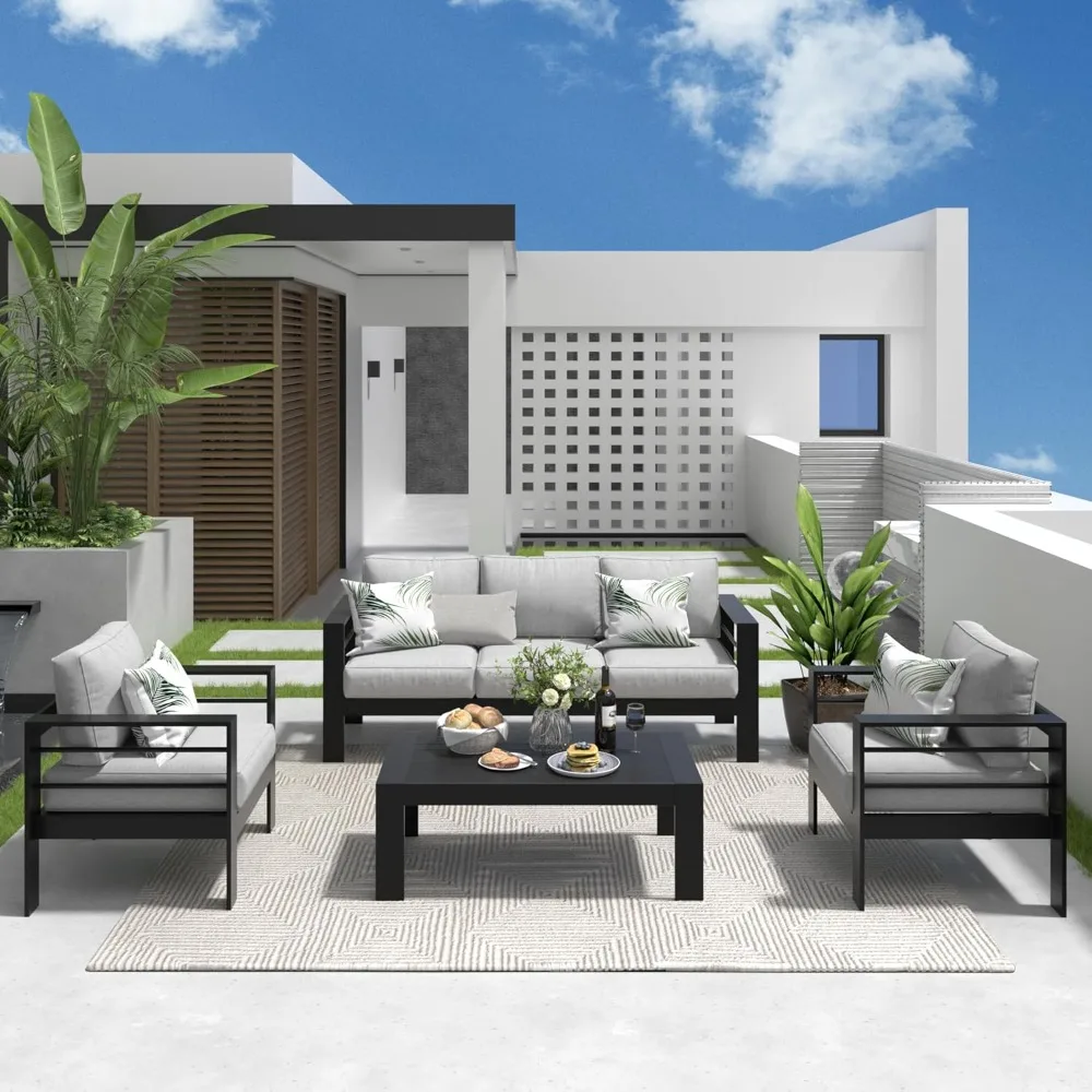

Aluminum Patio Furniture Set, with Upgrade Cushion and Coffee Table, 5 Seats Modern Outdoor Conversation Set Sectional Sofa
