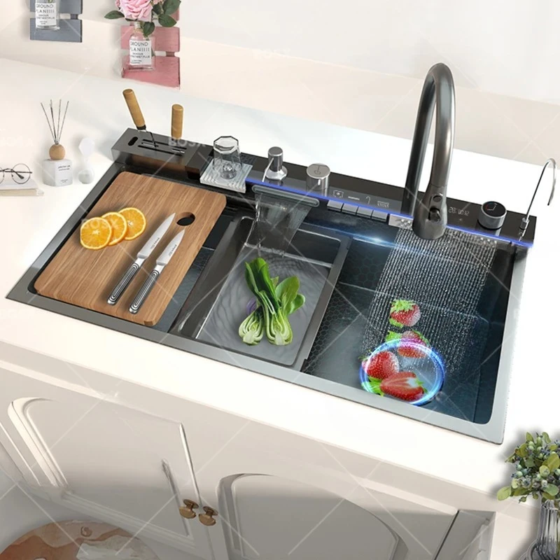 Stainless Steel Waterfall Kitchen Sink Extra Large Single Slot Digital Display