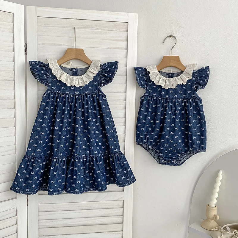 

Детское платье 2026: Новое летнее платье для девочек с милым принтом, короткий рукав, джинсовое, в стиле принцессы