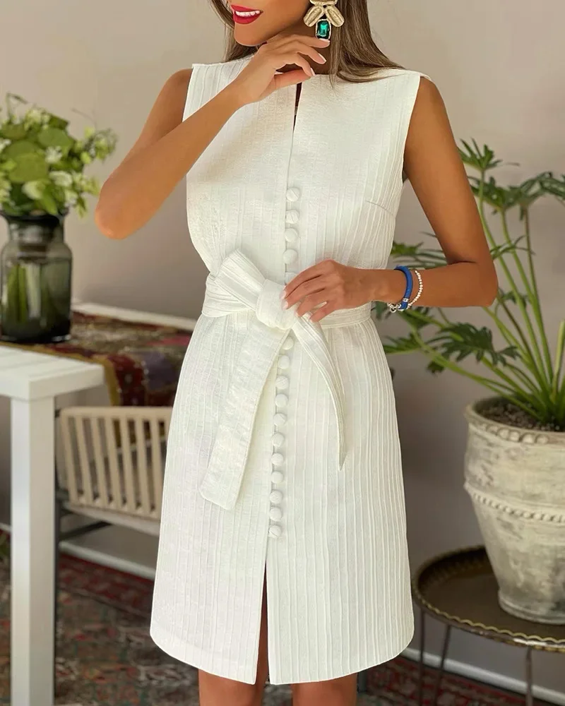 Sleeveless Buttoned Slit Work Dress O Neck High Waist Solid Color Spring Summer 2023 Women Mini Dress