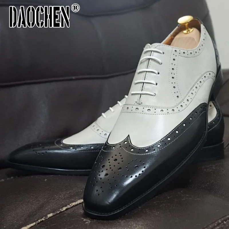Fashion Brand Men Oxford Shoes Brogues Lace Up Pointed Mixed Color WingTip Mens Dress Shoes Wedding Office Leather Shoes