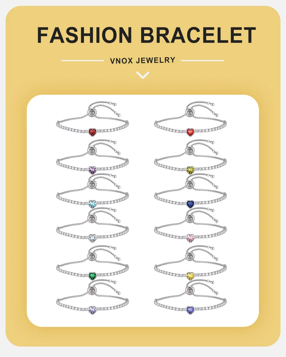 Vnox Exquisites Romantisches Herz-Geburtsstein-Tennisarmband für Frauen, Verstellbares AAA-Zirkonia-Armband, Persönliches Geburtstagsgeschenk – Detail 1