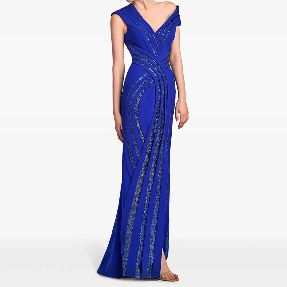 

A-line Women's Evening Dresses Floor-length V-neck Sleeveless Prom Gown Fsahion Sequined Simple Draped Exquisite Customized Gown