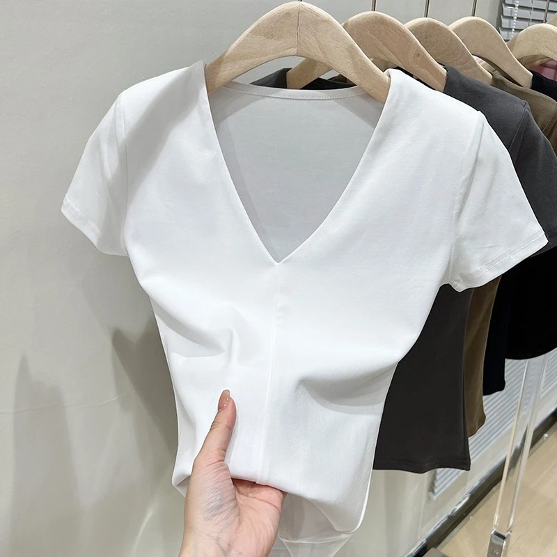 

2025 Slim-fitting Knitted Top Solid T-shirt Smock Women Sexy Short Sleeve Sexy V-neck Tees Shirts Y2k Vintage