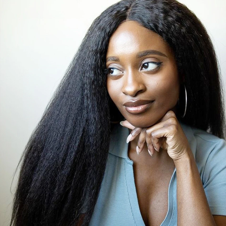 Yaki – perruque Lace Front Wig crépue lisse, 26 pouces, sans colle, douce, noire naturelle, baby hair, pre-plucked quotidiennement, 180de densité, pour femmes africaines