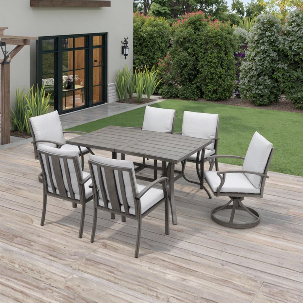 

7pc Premium Powder Coated Aluminum Dining Table Set Weather Resistant Lightweight Fade Proof Gray Finish for Patio/Deck Hospital