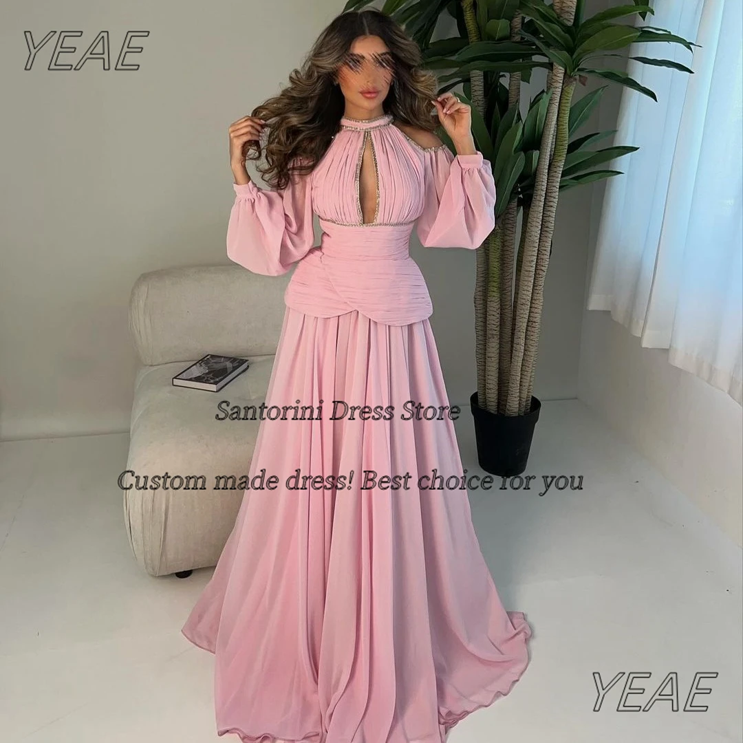 

Santorini Keyhole Neckline Evening Dresses Sexy Long Sleeves Prom Dress Ruched A Line Chiffon Formal Party Gowns Saudi Women