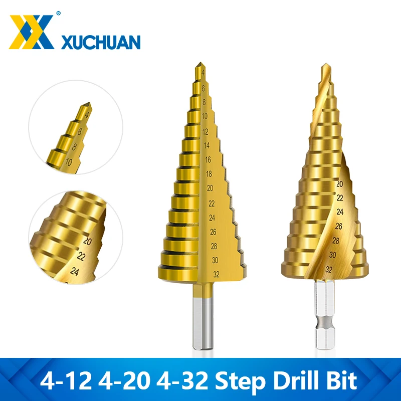 

Step Drill Bit 4-12/20/32mm Titanium Coated Straight Groove Drill HSS Triangular Shank Spiral Groove Drill Bit For Hole Cutter