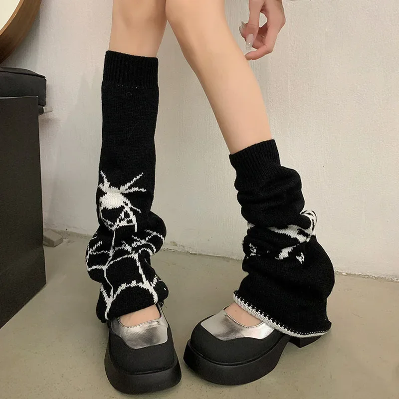 Halloween Spider Web Leg Warmers Knit Dark Gothic Skull Women Warm Leg Socks Punk Harajuku Calf Stockings Jk Y2k Accessories