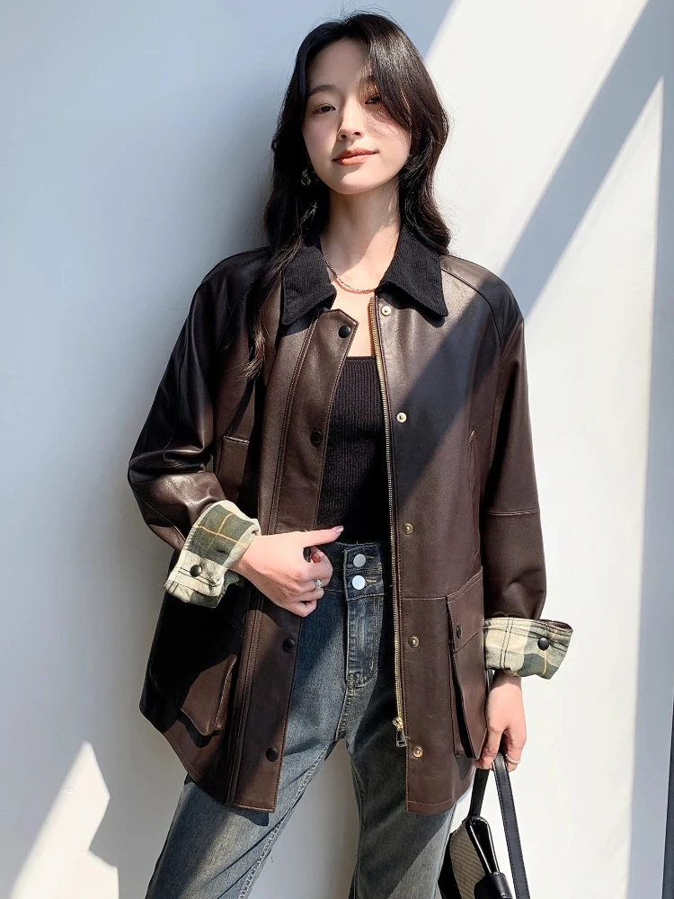 Damskie kurtki wiatrówki z prawdziwej skóry vintage, luksusowe, proste, z kontrastowym sztruksowym kołnierzem, luźne, miękkie płaszcze z prawdziwej skóry owczej.