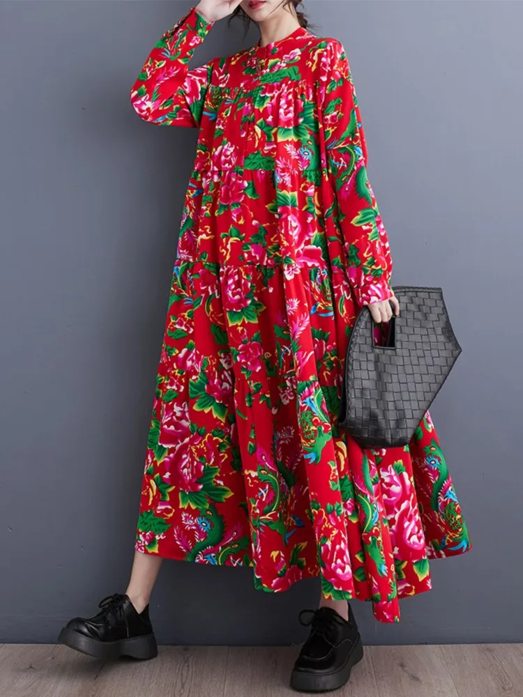 Oversized Spring Floral Flower Print Long Dress Women Casual Loose Fashion Long Sleeve Ladies Dresses Ruffle Pleated Woman Dress