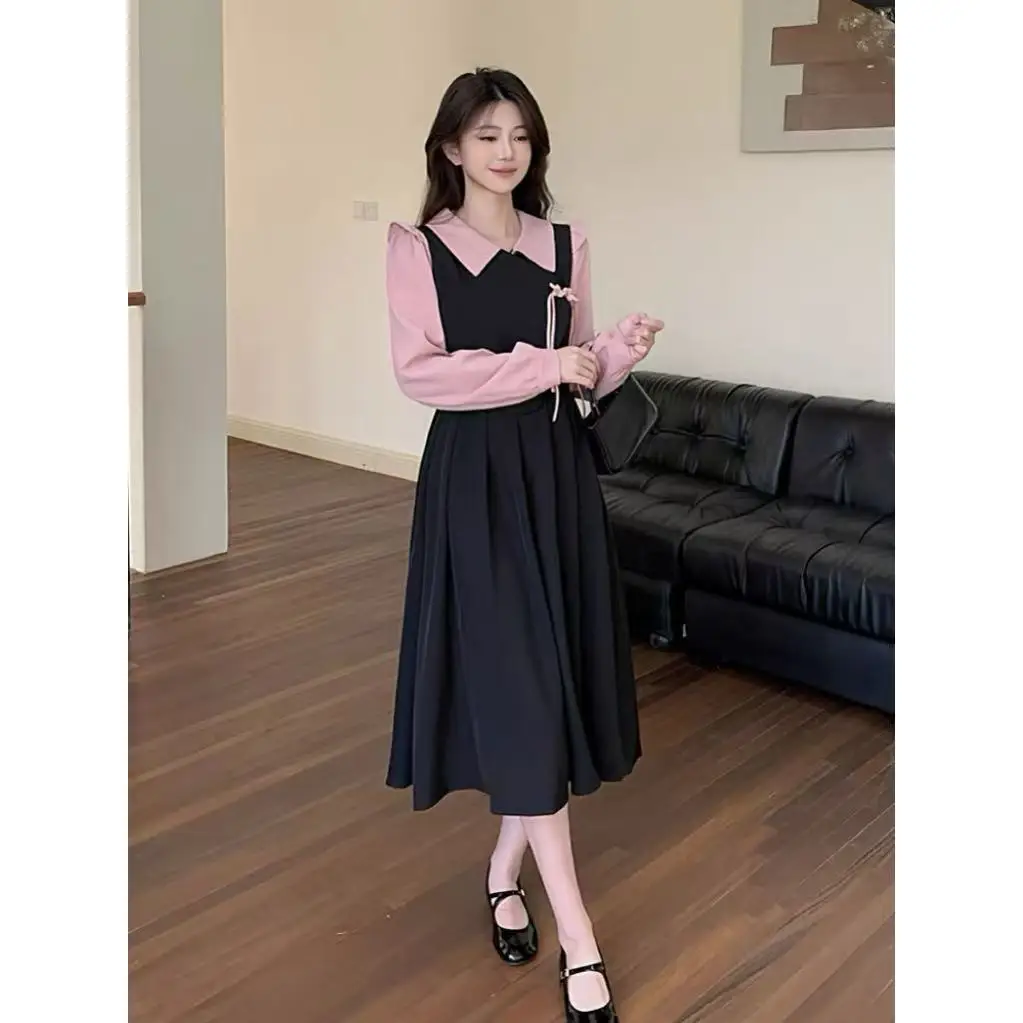 Spring Autumn New Waist-Cinching Color Block Long Sleeve Square Collar Long Dress Large Size Retro Button New Chinese Style F...