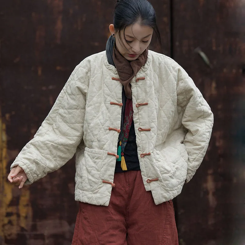 

Literary Ramie Quilted Cotton Casual Cotton-Padded Jacket Women Button Color Personality Loose Short Vagrant Wind Coat Winter