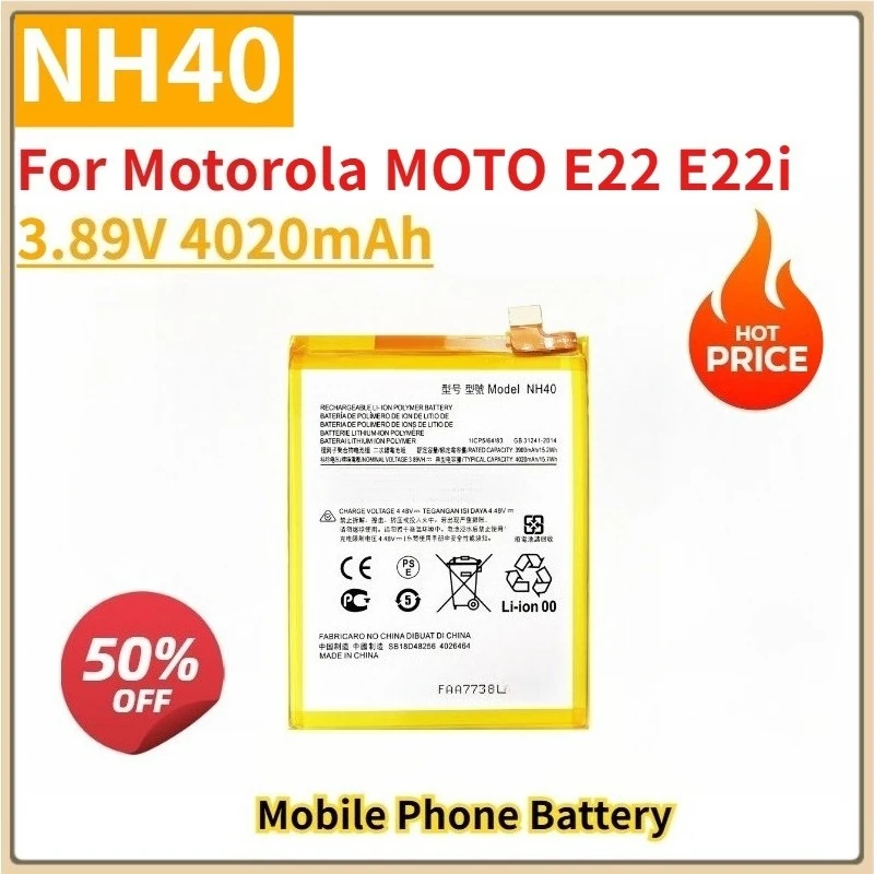 

Новый сменный аккумулятор для мобильного телефона NH40 3,89 В 4020 мАч для Motorola MOTO E22 E22i