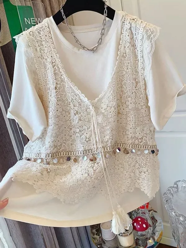 Retro Lace Hook Flower Vest Loose Bohemian Style Versatile Layering V-Neck Sleeveless Top Women's Summer Fashion