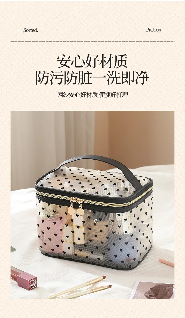 Doppelschichtige schwarze Mesh-Kosmetiktasche für Reisen, tragbar, großes Fassungsvermögen, Make-up-Koffer, Organizer, Aufbewahrungstasche, Kulturbeutel mit Reißverschluss – Detail 6