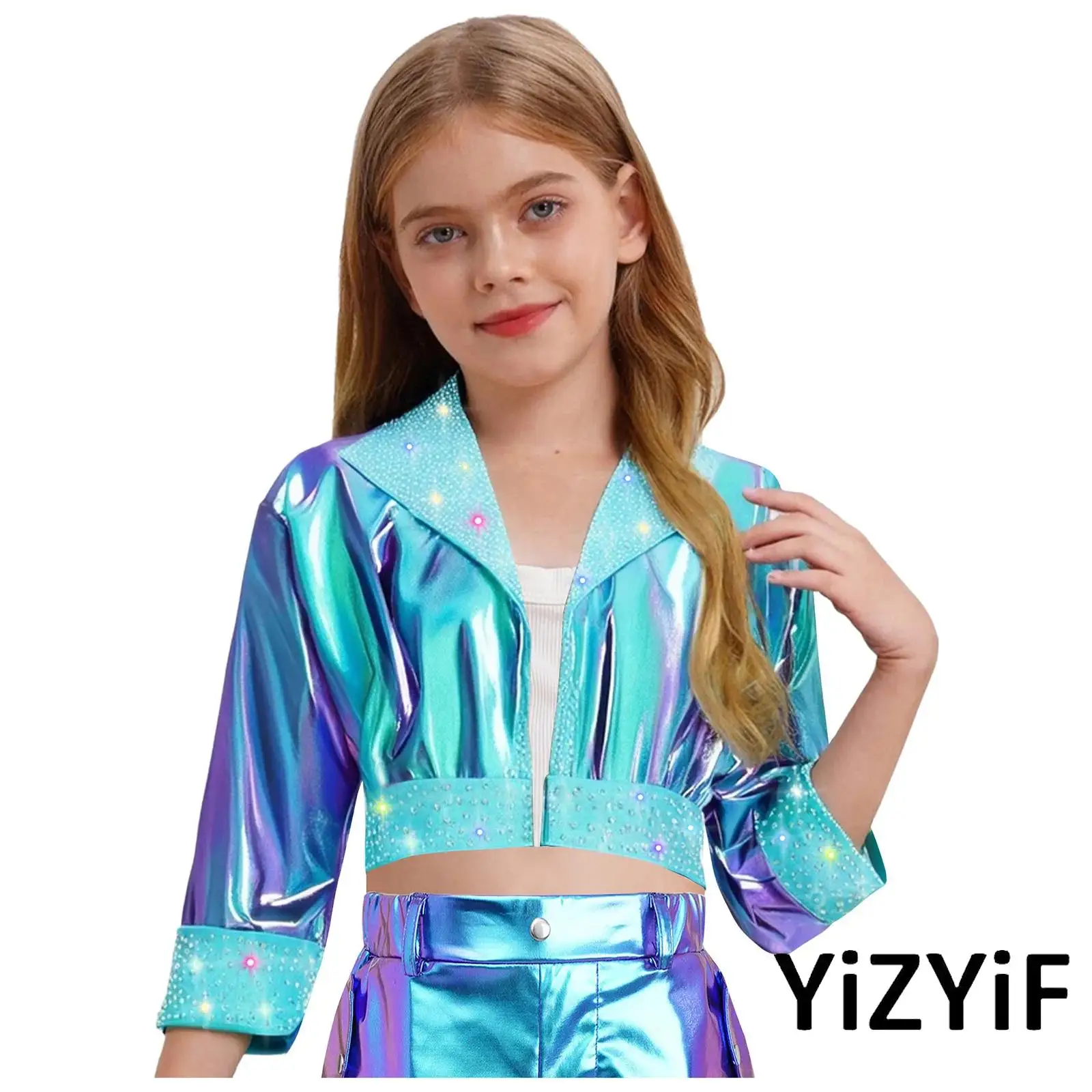

Kids Girls Jazz Dance Top Outerwear Lapel Collar Long Sleeve Shiny Rhinestones Metallic Jacket Dancewear