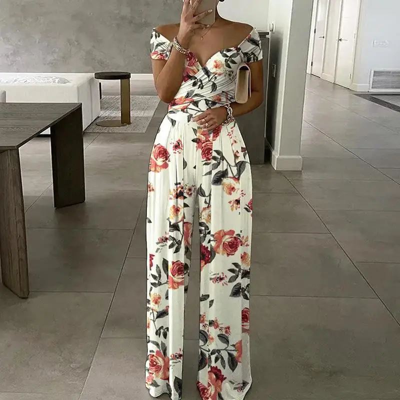 Women Sexy Off Shoulder Jumpsuits New Summer Fashion Floral Printed Short Sleeve V Neck High-waisted Female Long Romper Clothing