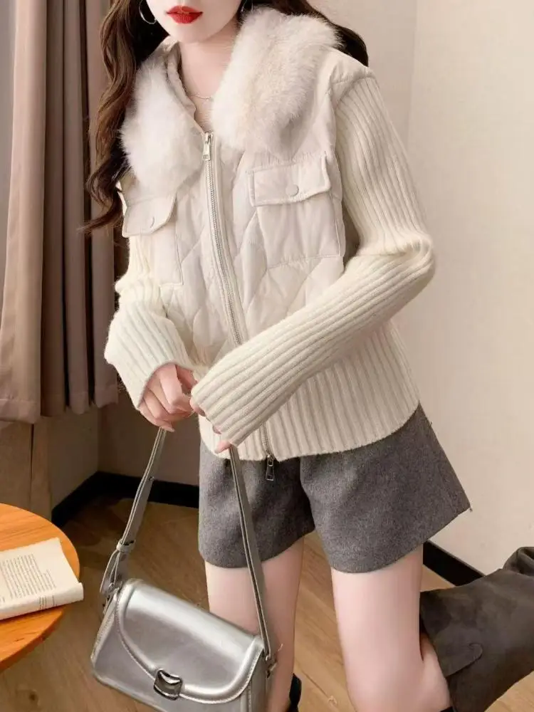 

Autumn Winter Patchwork Long Sleeve Sweater Tops Korean Vintage Women's Elegant Holiday Hairy Collar Short Zippers Knitted Coat
