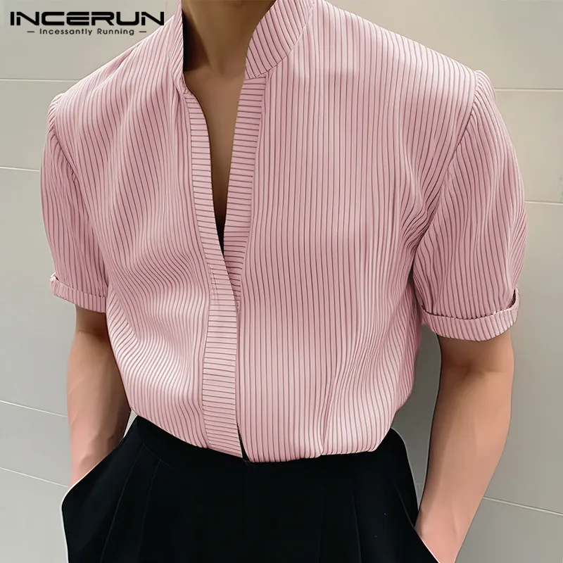 INCERUN Tops 2024 Korean Style New Men\'s Striped Stand Neck Design Shirts Leisure Streetwear Hot Sale Short Sleeved Blouse S-5XL