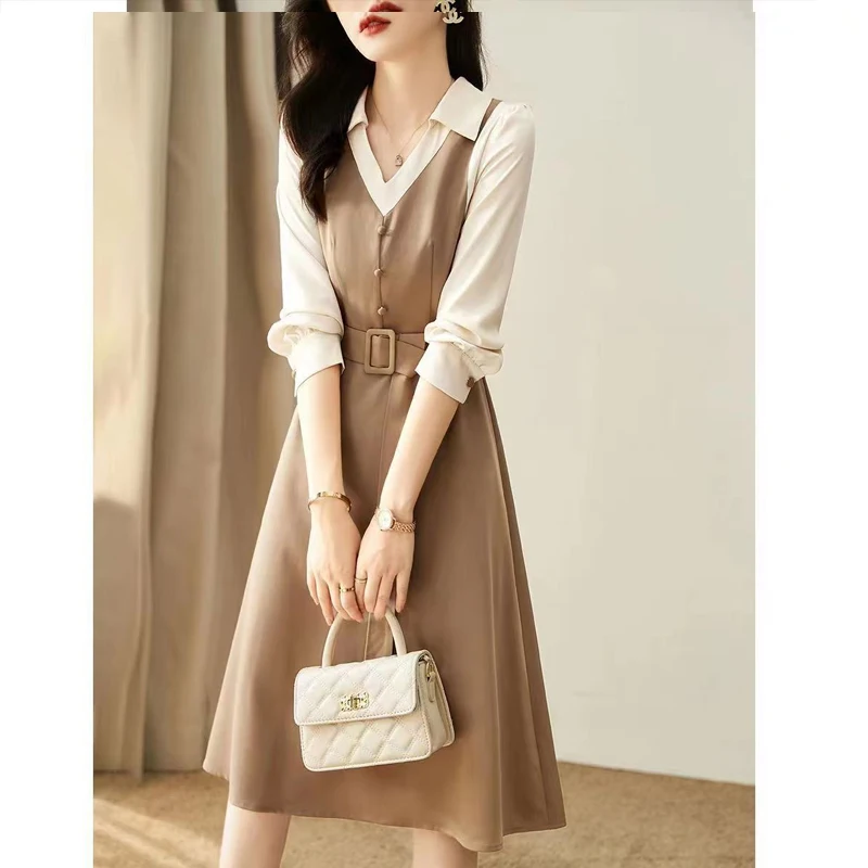 Spring Autumn New Contrast Color Fashion Long Sleeve Midi Dress Women High Street Button Lacing Patchwork Fake Two Pieces Dresse