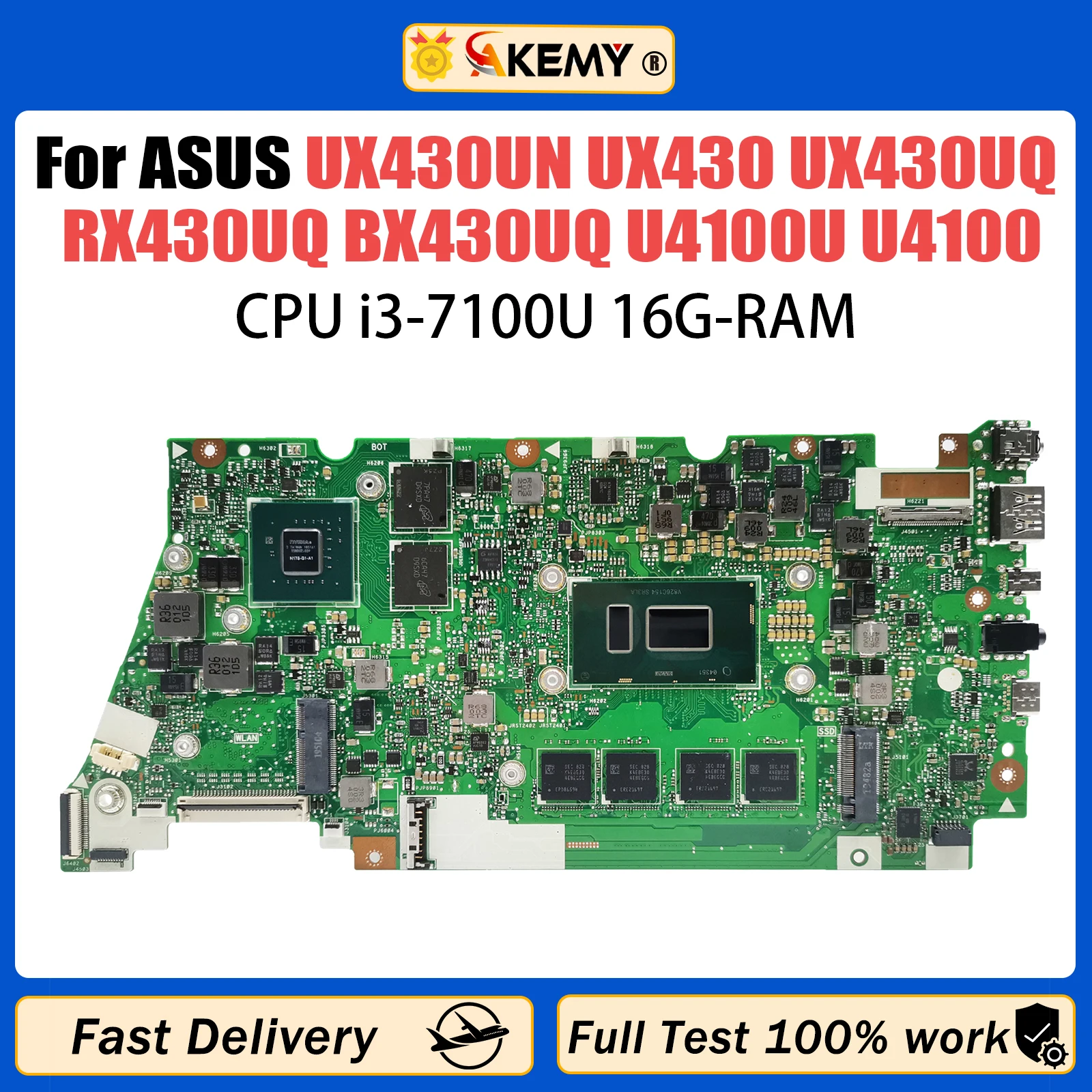 

UX430UNR i3-7100U CPU 16G RAM Mainboard For Asus ZenBook UX430 UX430UQ RX430UQ BX430UQ U4100U U4100 Laptop Motherboard