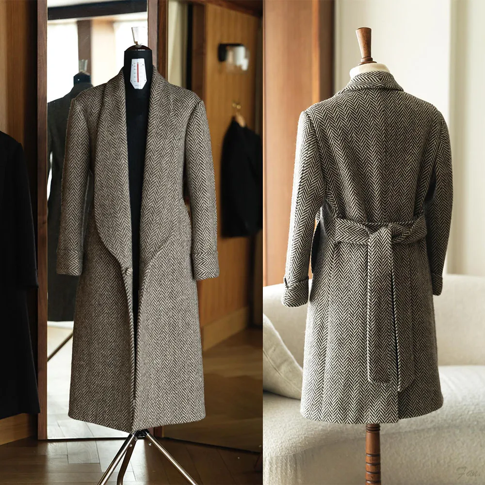 Classic Herringbone Wool Wrap Coat with Belted Waist Shawl Collar Open Front Men Women Winter Long Overcoat Customized E264