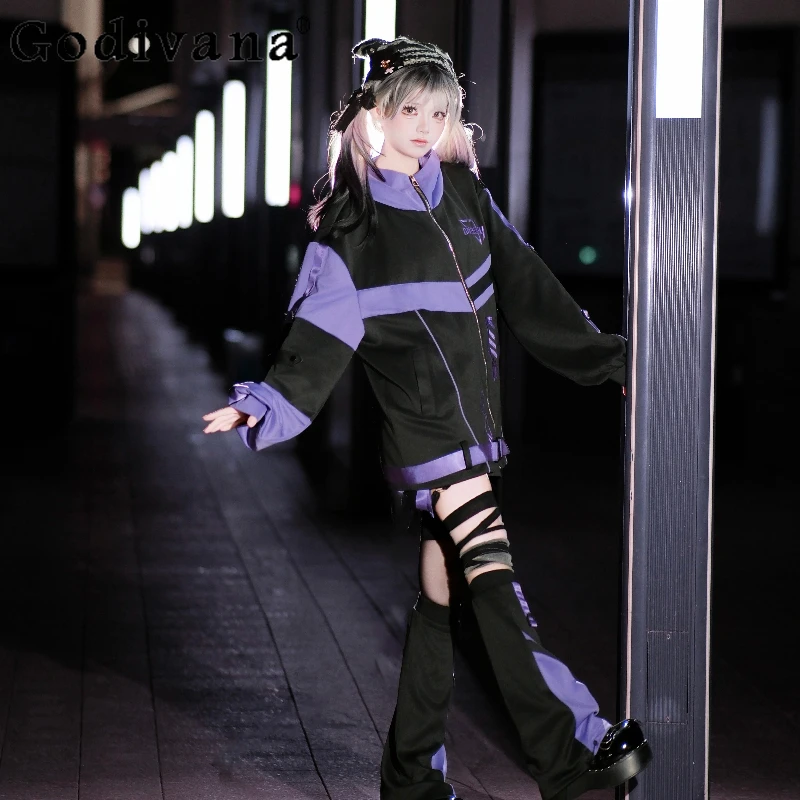 

Japanese Motorcycle Style Sweet Cool Fashion Short Set Autumn Winter Student Y2K Sportswear Loose Jacket Shorts Leg Warmers