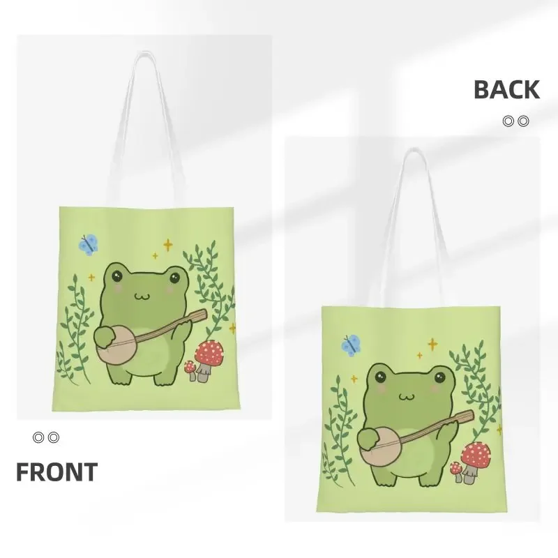 Cute Kawaii Frog Playing Groceries Shopping Tote Bag Toad Plant Fungi Blue Canvas Shoulder Shopper Bag Handbag