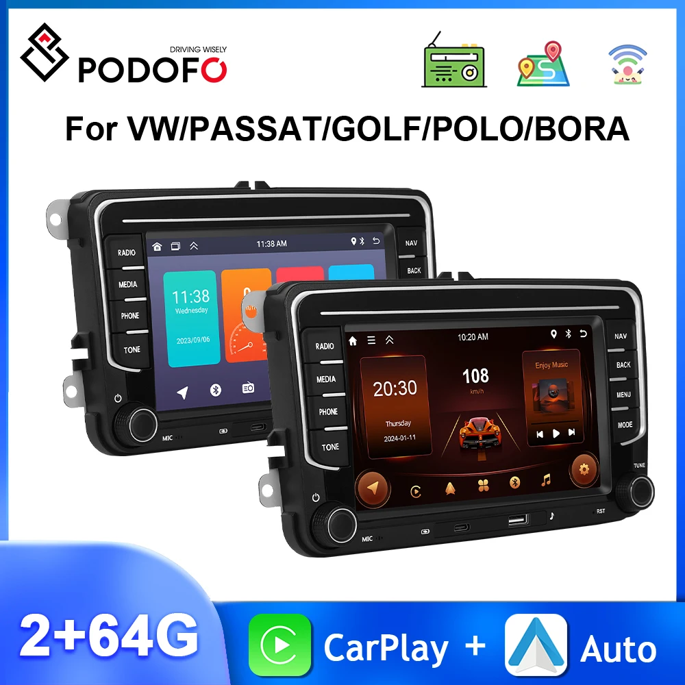 Podofo GPS WIFI Car Stereo For VW/Golf/Touran/Passat/Beetle/Polo Carplay Android Auto 2+64G Navigation 4Core BT EQ 7'' Car Audio