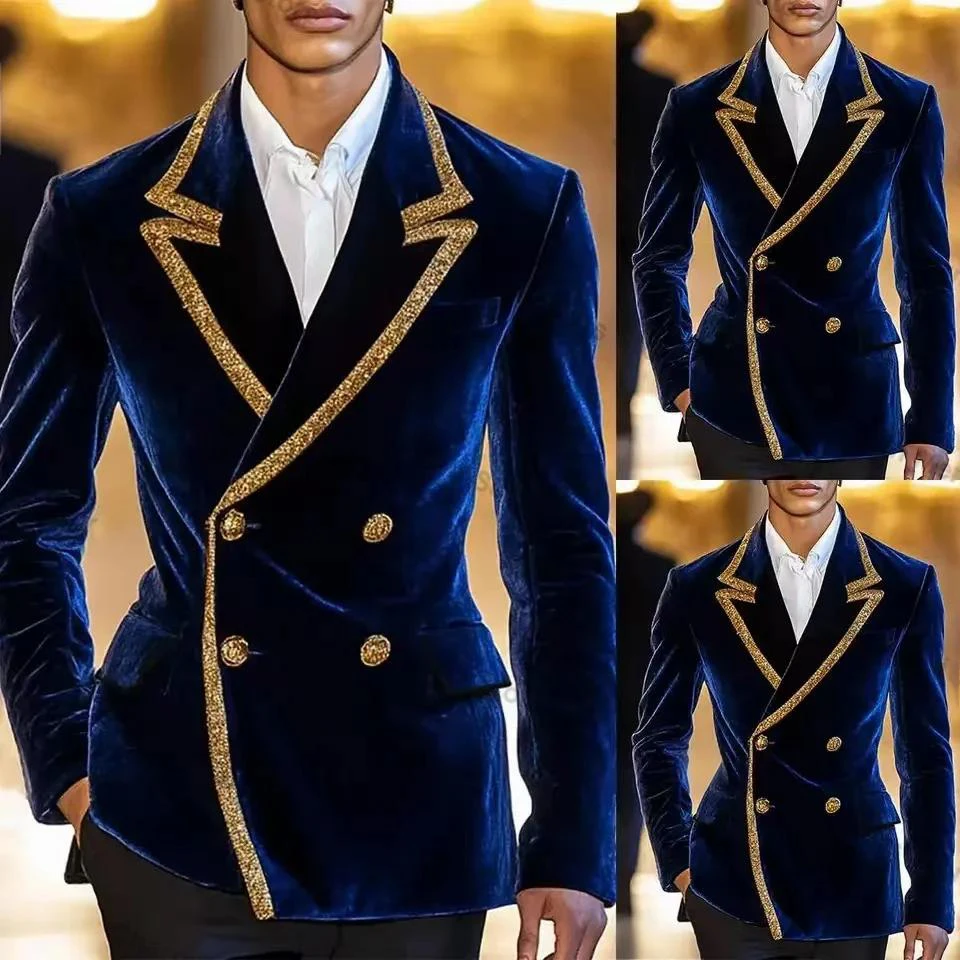 

High Quality Velvet Men Suits Set 2 Piece Blazer+Pant Formal Performance outfit Prom Gowns Wedding Tuxedos Celebrity Gownsd